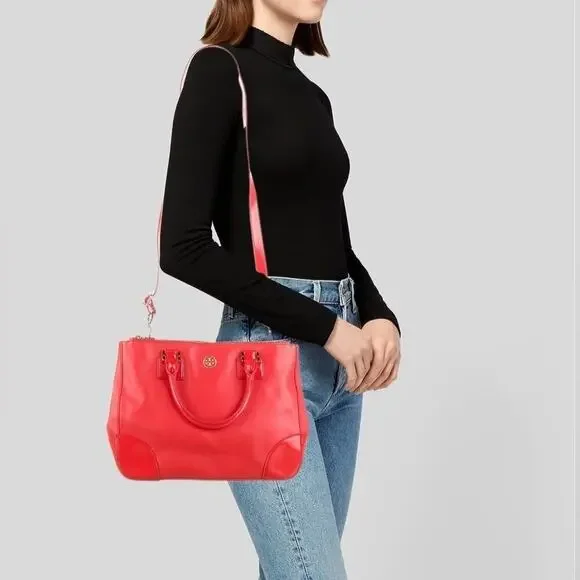 Tory Burch RED Robinson Double Zip Tote with cross body EUC - Picture 3 of 15